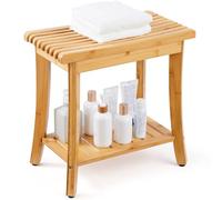 VEVOR Banc de Douche en Bambou, 485 x 288 x 465 mm, Tabouret de Douche étanche avec étagère de Rangement, capacité de 149,7 kg, pour Adultes, Personnes âgées, intérieur et extérieur, Salle de Bain