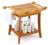 VEVOR Banc de Douche en Teck, 560 x 365 x 470 mm, Tabouret de Douche imperméable avec poignée d'étagère de Rangement, Coussinets antidérapants, 136,1 kg, pour intérieure et extérieure, Salle de Bain