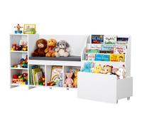 VEVOR Banc de rangement pour enfants 170 x 40 x 80 cm, bibliothèque en bois avec rangement de jouets, banc de lecture avec dossier, grand coffre à jouets pour salle de jeux, salon ou entrée, blanc