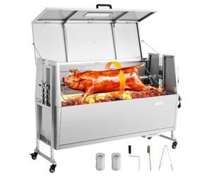 VEVOR Barbecue à Charbon avec Tournebroche Électrique 38 W, Rôtissoire à Charbon de Bois Capacité de Charge 60 kg, avec Roues et 4 Niveaux de Hauteur, Broche en Inox, pour Agneau Porcelet, Camping