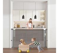VEVOR Barrière de Sécurité Extensible Jusqu’à 140 cm Hauteur 87 cm, Barrière Rétractable pour Animaux de Compagnie, Clôtures en Mailles, pour Chiens Couloir Escalier Porte Salle de Jeux, Gris