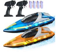 VEVOR Bateau Télécommandé, Lot de 2, Bateaux de Course RC pour Piscines Lacs, 2,4 GHz, 12 km/h, avec Lumière LED, 4 Piles Rechargeables, Étanche, pour Enfants, Adultes, Garçons, Filles, Bleu, Orange