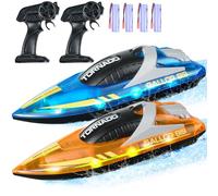 VEVOR Bateau Télécommandé, Lot de 2, Bateaux de Course RC pour Piscines Lacs, 2,4 GHz, 12 km/h, avec Lumière LED, 4 Piles Rechargeables, Étanche, pour Enfants, Adultes, Garçons, Filles, Bleu, Orange