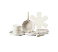 VEVOR Batterie de cuisine, 17 pcs, ensemble de casseroles et poêles à induction avec revêtement anti-adhésif, poignée amovible et couvercles en verre trempé, passe au four, pour camping-car, blanc