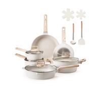 VEVOR Batterie de cuisine, 17 pcs, ensemble de casseroles et poêles à induction avec revêtement anti-adhésif en granit, couvercles en verre trempé, avec friture, sauce, sauté, passe au gril, blanc