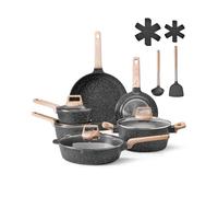 VEVOR Batterie de cuisine, 17 pcs, ensemble de casseroles et poêles à induction avec revêtement anti-adhésif en granit, couvercles en verre trempé, avec friture, sauce, sauté, passe au gril, noir
