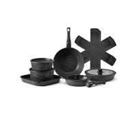 VEVOR Batterie de cuisine, 17 pcs, ensemble de casseroles et poêles à induction avec revêtement anti-adhésif, poignée amovible et couvercles en verre trempé, passe au four, pour camping-car, noir