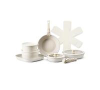 VEVOR Batterie de cuisine, 17 pcs, ensemble de casseroles et poêles à induction avec revêtement anti-adhésif, poignée amovible et couvercles en verre trempé, passe au four, pour camping-car, blanc