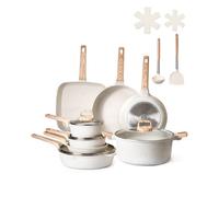 VEVOR Batterie de cuisine, 19 pcs, ensemble de casseroles et poêles à induction avec revêtement anti-adhésif en granit, couvercles en verre trempé, avec friture, sauce, sauté, passe au gril, blanc