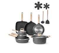 VEVOR Batterie de cuisine, 19 pcs, ensemble de casseroles et poêles à induction avec revêtement anti-adhésif en granit, couvercles en verre trempé, avec friture, sauce, sauté, passe au gril, noir