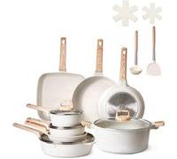 VEVOR Batterie de cuisine, 19 pcs, ensemble de casseroles et poêles à induction avec revêtement anti-adhésif en granit, couvercles en verre trempé, avec friture, sauce, sauté, passe au gril, blanc