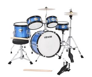 VEVOR Batterie Enfant, 5 PCS, Batterie Débutants, Grosse Caisse 35,56 cm avec Tom-tom, Caisse Claire 20,32 cm Tom Basse 25,4 cm, Siège, Baguettes, Kit Apprentissage Musical pour Enfants 6-13 ans, Bleu