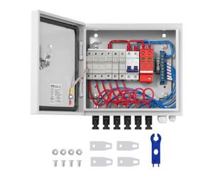 VEVOR Boîte de combinaison PV, 6 chaînes, boîte de combinaison solaire avec fusible de courant nominal 15 A, disjoncteur 125 A parafoudre, en acier pour système de panneaux solaires marche/arrêt, IP65