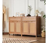 VEVOR Buffet en Rotin Lot de 2 Pièces, Armoire avec 4 Portes Magnétiques et 2 Tiroirs, Meuble de Rangement avec Étagères Réglables, Solution de Rangement pour Couloir, Entrée, Salon, Cuisine, Naturel