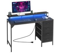 VEVOR Bureau d'ordinateur 120 cm avec éclairage LED intelligent et prises de courant, table de bureau informatique avec 4 grands tiroirs et support d'écran, table d'étude pour petits espaces, noir