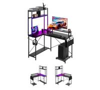 VEVOR Bureau Gaming Angle Éclairage LED Bureau en L Réversible 1,2 m Table d'Ordinateur pour Télétravail, avec Prises Électriques, Support pour Écran, Support pour Unité Centrale Amovible, Moderne
