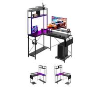 VEVOR Bureau Gaming Angle Éclairage LED Bureau en L Réversible 1,2 m Table d'Ordinateur pour Télétravail, avec Prises Électriques, Support pour Écran, Support pour Unité Centrale Amovible, Moderne
