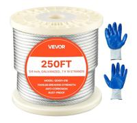 VEVOR Câble Acier Carbone Galvanisé 6,35 mm x 76,2 m Cable Métallique Fil Tressé pour Système de Garde-corps de Terrasse, Treillis de Jardin, avec Gants, Résistance à la Rupture 31,1 kN, 7x19 Brins