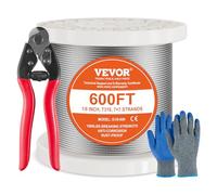 VEVOR Câble Acier Inoxydable, 3,18 mm x 182,3 m, Câble Métallique Inox 316 Tressé 7x7 Qualité Aéronautique Marine avec Coupe-fil, Gants, Résistance Rupture 7,1 kN, pour Garde-corps, Clôture, Rampe