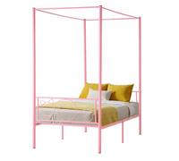 VEVOR Cadre de Lit à Baldaquin Jumeau, Cadre à 4 Colonnes avec Tête de Lit en Métal, Support à Lattes en Acier Robuste, avec Espace de Rangement sous Lit, Pas Besoin de Sommier à Ressorts, Rose