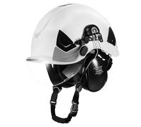 VEVOR Casque de Sécurité Industriel, Casque de Protection Certifié ANSI/ISEA Z89.1, Ventilé et Réglable, en ABS, avec Visière, Cache-Oreilles et Suspension à Cliquet 6 Points, Construction Chantier
