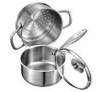 VEVOR Casserole en Acier Inoxydable 1,4 L avec Panier Vapeur, Poêlon avec Couvercle en Verre et Poignée Ergonomique, Antiadhésif, Lavable au Lave-vaisselle, Compatible avec Four et Plaque à Induction