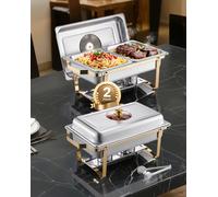 VEVOR Chafing Dish Set Chauffe-plats acier inoxydable avec 4 récipients demi-taille (4 L chacun), distributeur de chaleur rectangulaire avec couvercle visible & support pour casserole d'eau & support