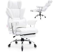 VEVOR Chaise de Bureau en PU Avec Soutien Lombaire Réglable et Repose-Pieds Capacité 159kg Blanc