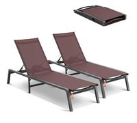 VEVOR Chaise Longue Jardin extérieur, Lot de 2, transat de Patio Pliable Aluminium avec 5 Positions réglables, chaises inclinables de Bronzage entièrement Plates pour Plage, Piscine, terrasse, Marron