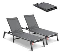 VEVOR Chaise Longue Jardin extérieur, Lot de 2, transat de Patio Pliable en Aluminium avec 5 Positions réglables, chaises inclinables de Bronzage entièrement Plates pour Plage, Piscine, Gris foncé