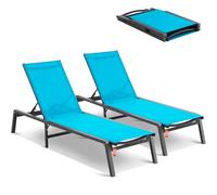 VEVOR Chaise longue jardin extérieur, lot de 2, transat de patio pliable en aluminium avec 5 positions réglables, chaises inclinables de bronzage entièrement plates pour plage, piscine, terrasse, bleu