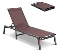 VEVOR Chaise longue jardin extérieur, transat de patio pliable aluminium avec 5 positions réglables, chaise inclinable de bronzage entièrement plate pour terrasse, plage, piscine, en plein air, marron