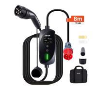 VEVOR Chargeur Voiture Électrique 11 kW Borne de Recharge Véhicule Électrique Mobile 16 A avec Câble Recharge Type 2 8 m, Prise CEE 16 A Triphasé, Écran LCD, Courant Réglable, Boîtier de Commande IP66