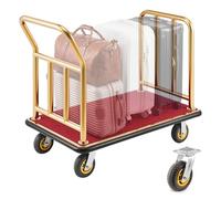 VEVOR Chariot à Bagages d'Hôtel, Charge Max. 340,19 kg, Chariot Porte-Bagages pour Hôtels et Complexes Hôteliers, avec Cadre en Acier Inoxydable, Roues en Caoutchouc 152 mm, Plateau Moquetté Rouge, Or