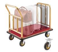 VEVOR Chariot à Bagages d'Hôtel, Charge Max. 340,19 kg, Chariot Porte-Bagages pour Hôtels et Complexes Hôteliers, avec Cadre en Acier Inoxydable, Roues en Caoutchouc 152 mm, Plateau Moquetté Rouge, Or