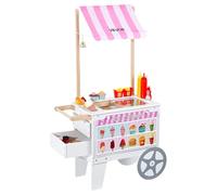 VEVOR Chariot à Glaces pour Enfants, 20+ Accessoires, Jeu d'Imitation de Stand Glacier, avec Cornet de Glace, Glace à l'Eau, Auvent, Congélateur, Tiroir de Rangement, Menu, pour Tout-petits de 3-7 Ans