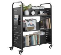 VEVOR Chariot à Livres, Capacité de Charge 150 kg, Chariot de Bibliothèque, 97x51,5x122,5 cm, Étagère de Rangement Livres Double Face en W avec Roulettes Double Frein, pour Salon, Bureau, École, Noir