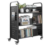 VEVOR Chariot à Livres, Capacité de Charge 150 kg, Chariot de Bibliothèque, 97x51,5x122,5 cm, Étagère de Rangement Livres Double Face en W avec Roulettes Double Frein, pour Salon, Bureau, École, Noir