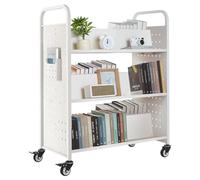 VEVOR Chariot à Livres, Capacité de Charge 150 kg, Chariot de Bibliothèque, 97x51,5x122,5 cm, Étagère de Rangement Livres Double Face en W avec Roulettes Double Frein, pour Salon, Bureau, École, Blanc