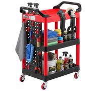 VEVOR Chariot d'Atelier Max. 136 kg Chariot de Service avec Panneau Perforé, à 3 Niveaux, en PP, pour Garage, Entrepôt et Atelier, 4 Roulettes Pivotantes dont 2 avec Frein, avec Plateaux de Rangement