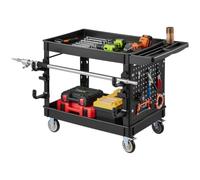 VEVOR Chariot d'Atelier Max. 250 kg Chariot de Service avec Panneau Perforé, 2 Niveaux, en PP, 2 Roues Fixes et 2 Roulettes Pivotantes avec Freins, Plateaux de Rangement, pour Garage et Entrepôt, Noir