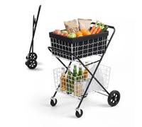 VEVOR Chariot de Courses Pliable à 2 Niveaux, 4 Roues, 2 Paniers Amovibles | Chariot Utilitaire pour Courses, Entrepôt, Supermarché et Camping, Capacité de Charge 40 kg, Roues Avant Pivotantes à 360°,