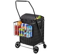 VEVOR Chariot de courses pliable avec 2 paniers, chariot de supermarché avec roulettes et doublure étanche, charge 45,3 kg, capacité totale 74 L, panier à linge robuste pour camping, épicerie, bagages