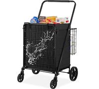 VEVOR Chariot de Courses Pliable Charge 150,5 kg 4 Roulettes Chariot de Supermarché Plus de 85 L avec 2 Paniers Charrette de Courses en Fer avec Doublure Étanche pour Transporter Ranger Linge Épicerie