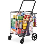 VEVOR Chariot de Courses Pliable Charge 50 kg 4 roulettes Chariot de Supermarché Plus de 85 L avec 2 Paniers Charrette de Courses en Fer avec Doublure Étanche pour Transporter Ranger Linge Épicerie