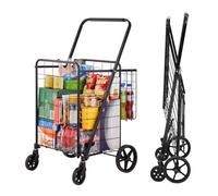 VEVOR Chariot de Courses Pliable Charge 50 kg 4 roulettes Chariot de Supermarché Plus de 85 L avec 2 Paniers Charrette de Courses en Fer avec Doublure Étanche pour Transporter Ranger Linge Épicerie