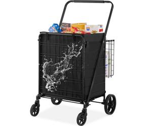 VEVOR Chariot de Courses Pliable Charge 95,3 kg 4 Roulettes Chariot de Supermarché Plus de 85 L avec 2 Paniers Charrette de Courses en Fer avec Doublure Étanche pour Transporter Ranger Linge Épicerie