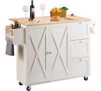 VEVOR Chariot de cuisine à roulettes Chariot de service en bois avec tiroir et armoire Ilot de cuisine en porte-serviettes style rustique, Blanc