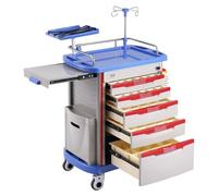 VEVOR Chariot de Laboratoire à 5 Niveaux, Chariot Médical Mobile avec 5 Tiroirs, Chariot de Soins avec Matériau PP, 2 Poubelles et 4 Roues Silencieuses, pour Labo, Clinique, Hôpital, Salon, Bleu
