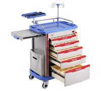 VEVOR Chariot de Laboratoire à 5 Niveaux, Chariot Médical Mobile avec 5 Tiroirs, Chariot de Soins avec Matériau PP, 2 Poubelles et 4 Roues Silencieuses, pour Labo, Clinique, Hôpital, Salon, Bleu